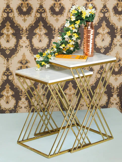 Anasay White Marble Finishing Wooden Top with Golden Iron Stand Side Coffee Table Set of 2