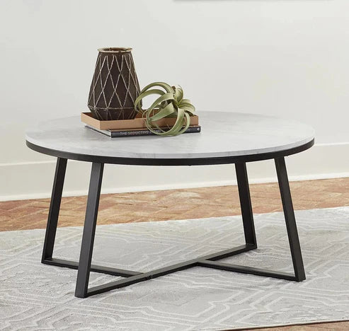 Anasay White Marble Round Coffee Table Set of 2 with Faux Marble Finishing Wooden Tops