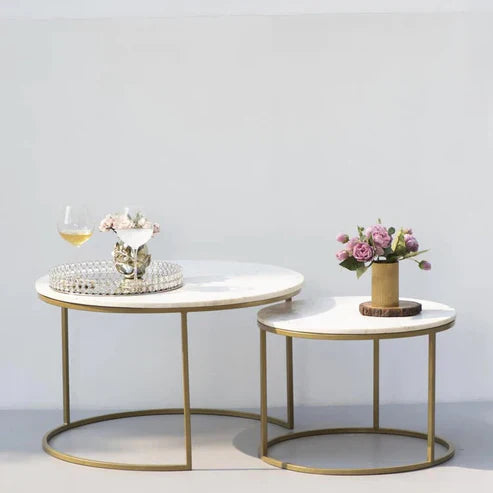 Anasay White Marble-Finish Wooden Top Round Coffee Table Set of 2 with Iron Stand Base