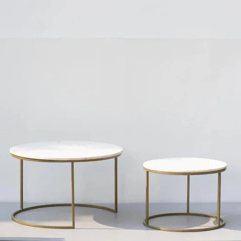 Anasay White Marble-Finish Wooden Top Round Coffee Table Set of 2 with Iron Stand Base